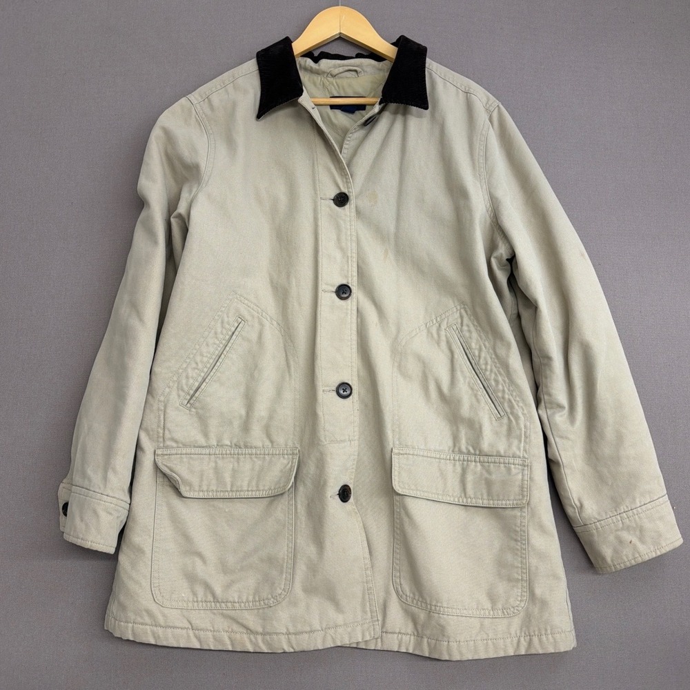 Lands End Mens Tan Canvas Barn Coat Corduroy Collar Quilted Lined Jacket Large